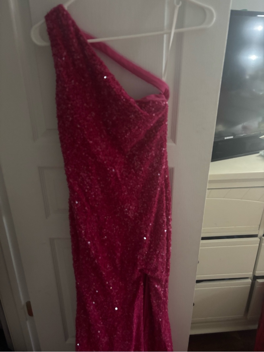 Girls Hot Pink One-Shoulder Sequin Dress